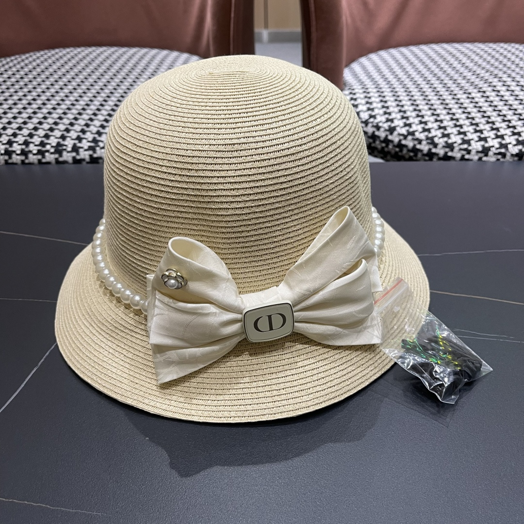  迪奥Dior草帽法式复古大珍珠蝴蝶结防晒草帽女
夏季遮阳盆帽渔夫帽可折叠