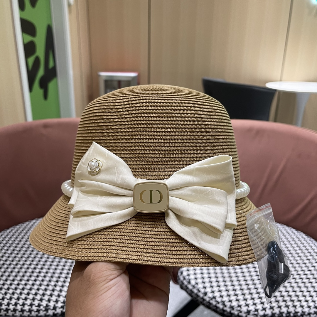  迪奥Dior草帽法式复古大珍珠蝴蝶结防晒草帽女
夏季遮阳盆帽渔夫帽可折叠