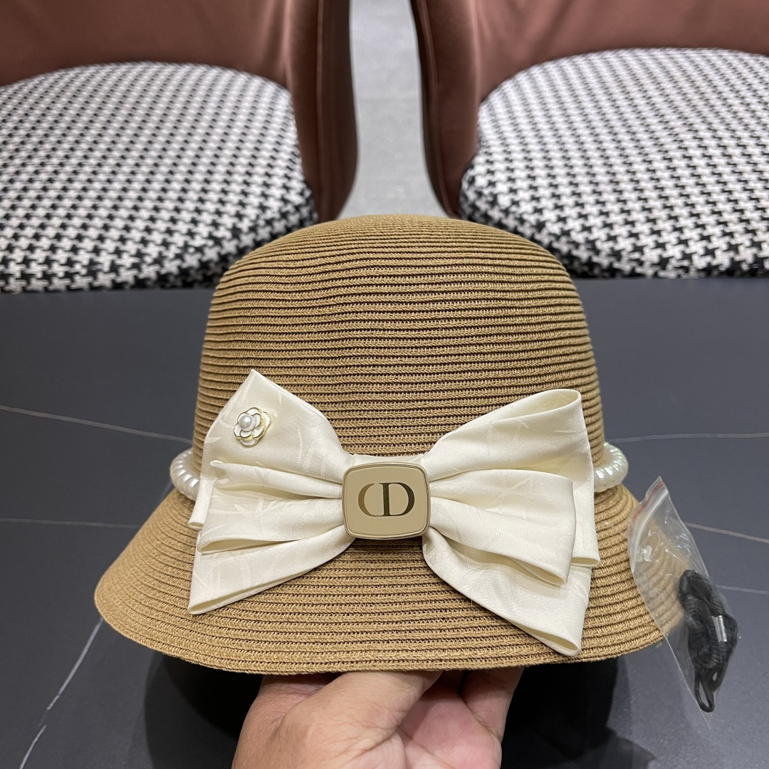  迪奥Dior草帽法式复古大珍珠蝴蝶结防晒草帽女
夏季遮阳盆帽渔夫帽可折叠