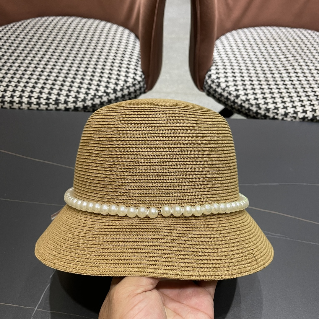  迪奥Dior草帽法式复古大珍珠蝴蝶结防晒草帽女
夏季遮阳盆帽渔夫帽可折叠