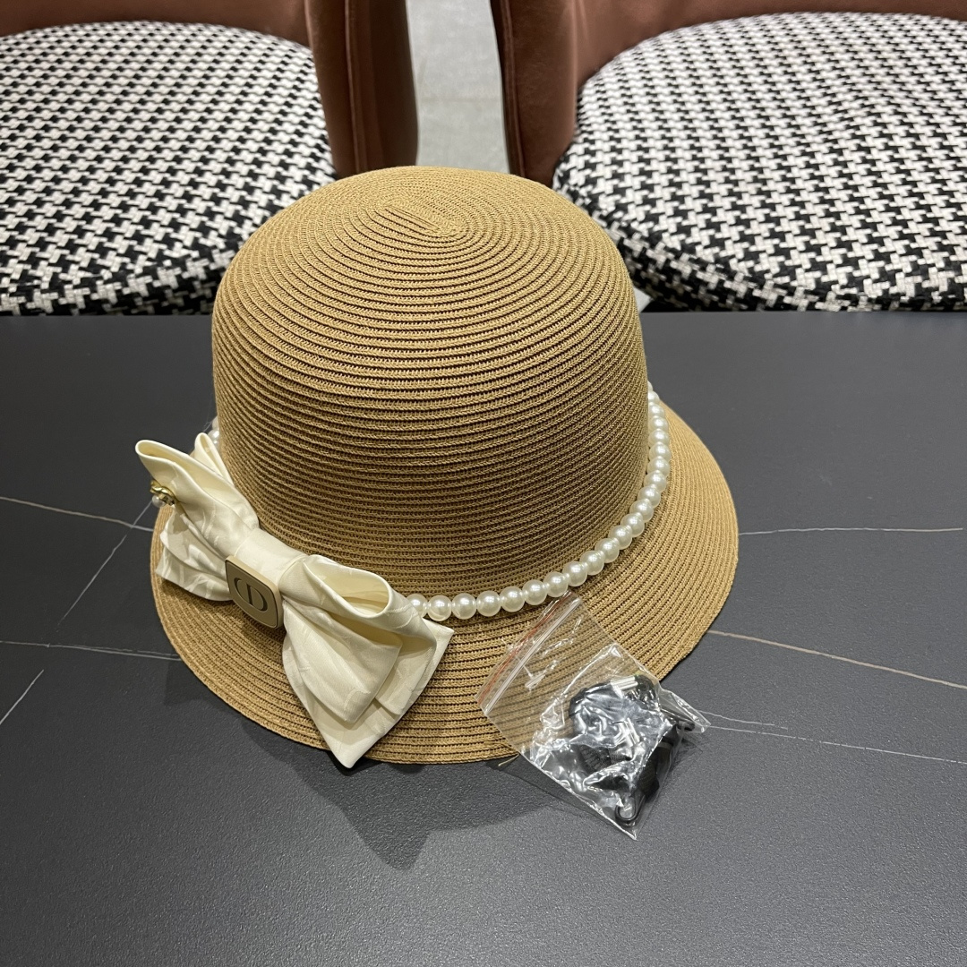  迪奥Dior草帽法式复古大珍珠蝴蝶结防晒草帽女
夏季遮阳盆帽渔夫帽可折叠