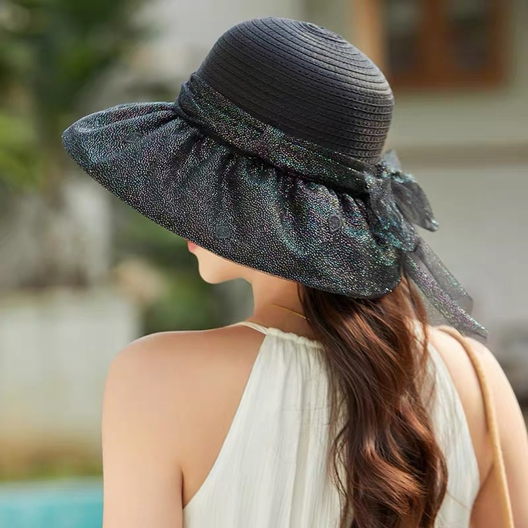 蒙口2025夏季飘带蝴蝶结开叉盆帽网纱防晒遮阳帽女户外防紫外线沙滩太阳帽