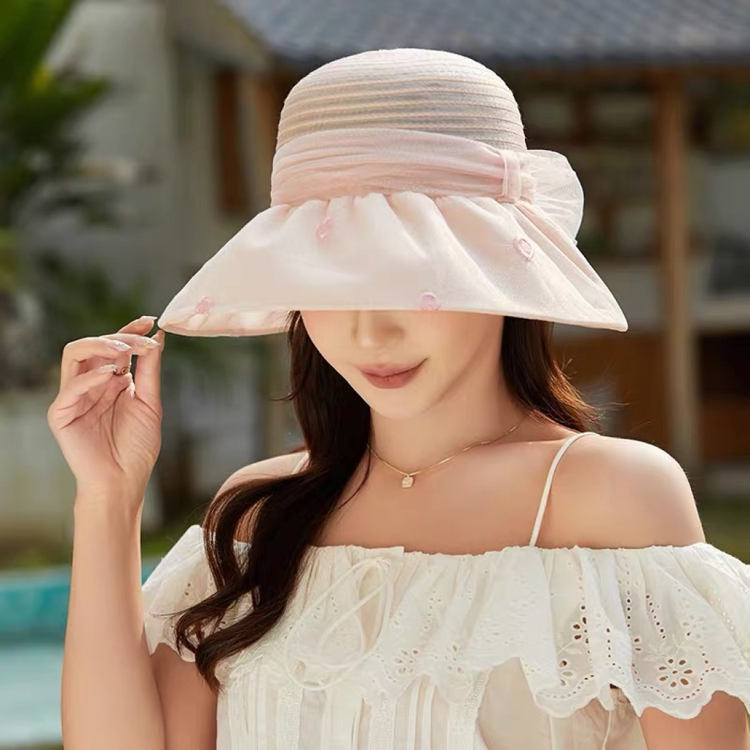 蒙口2025夏季飘带蝴蝶结开叉盆帽网纱防晒遮阳帽女户外防紫外线沙滩太阳帽