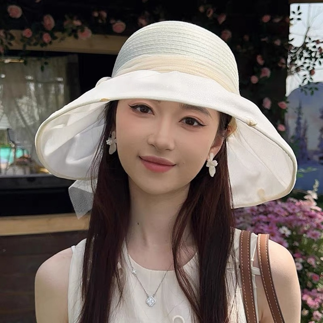 蒙口2025夏季飘带蝴蝶结开叉盆帽网纱防晒遮阳帽女户外防紫外线沙滩太阳帽
