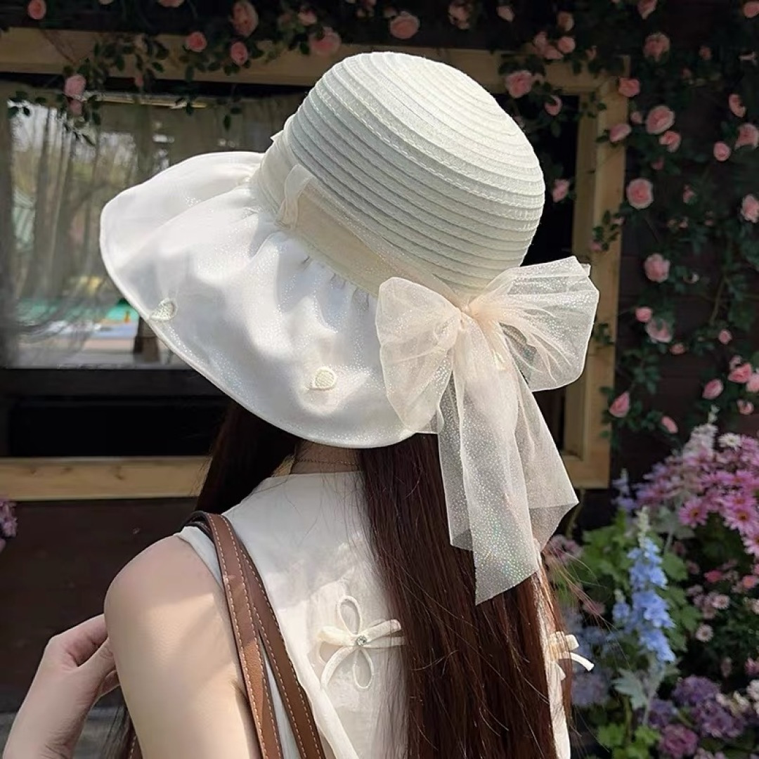 蒙口2025夏季飘带蝴蝶结开叉盆帽网纱防晒遮阳帽女户外防紫外线沙滩太阳帽