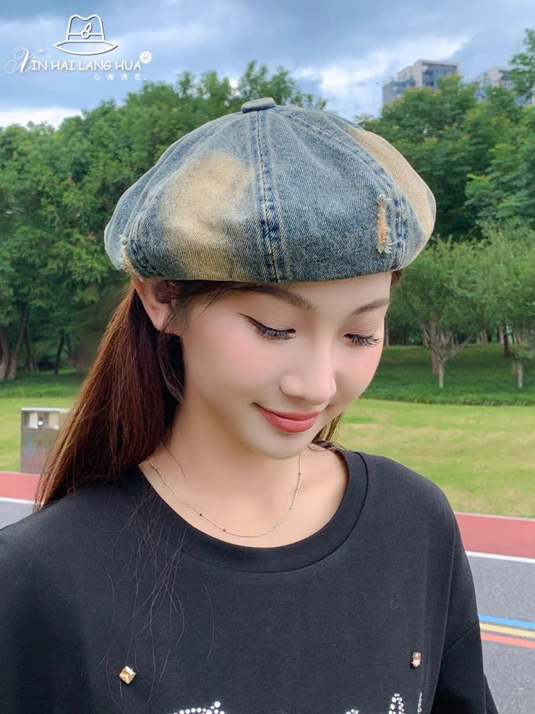  蒙口 复古做旧牛仔贝雷帽子女春秋时尚百搭高品
质八角画家帽云朵蓓蕾帽