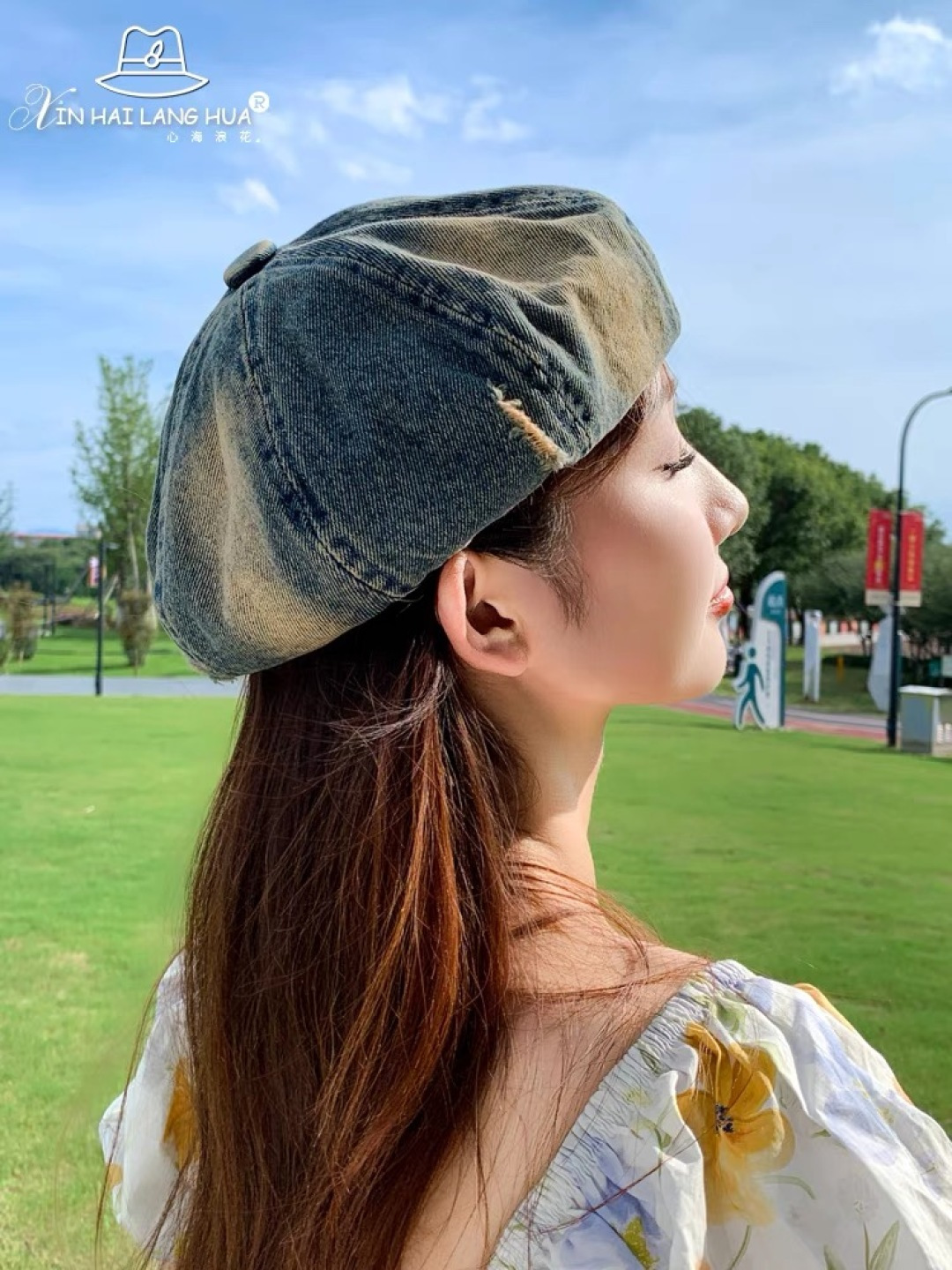  蒙口 复古做旧牛仔贝雷帽子女春秋时尚百搭高品
质八角画家帽云朵蓓蕾帽