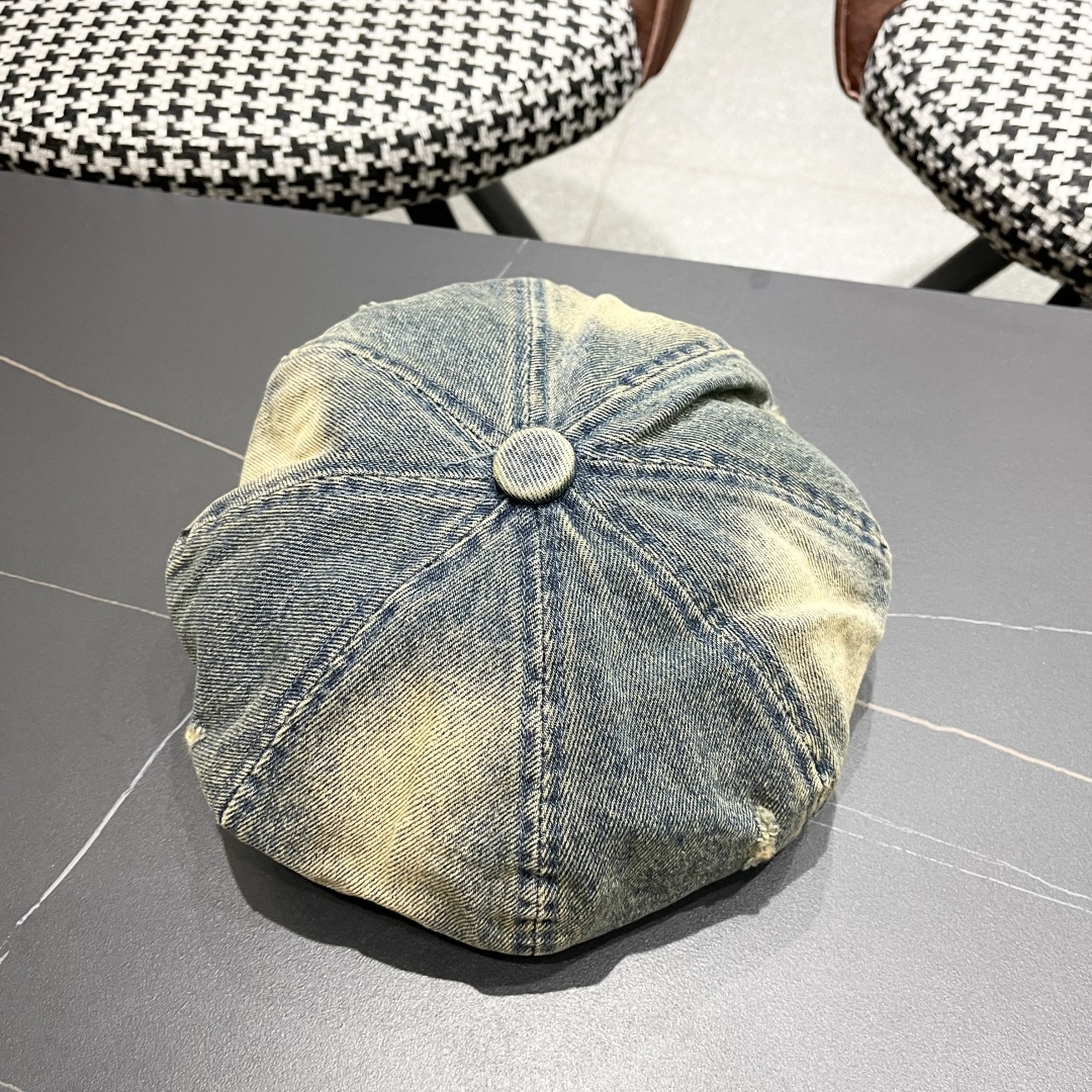  蒙口 复古做旧牛仔贝雷帽子女春秋时尚百搭高品
质八角画家帽云朵蓓蕾帽