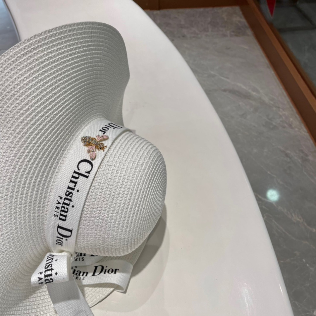   迪奥大檐草帽 Dior迪奥草帽，太阳帽，沙滩遮阳帽帽，名媛风，搭配飘带，头围57cm