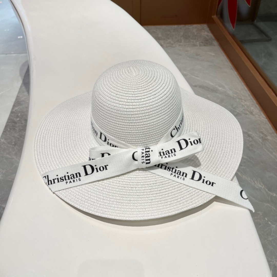   迪奥大檐草帽 Dior迪奥草帽，太阳帽，沙滩遮阳帽帽，名媛风，搭配飘带，头围57cm