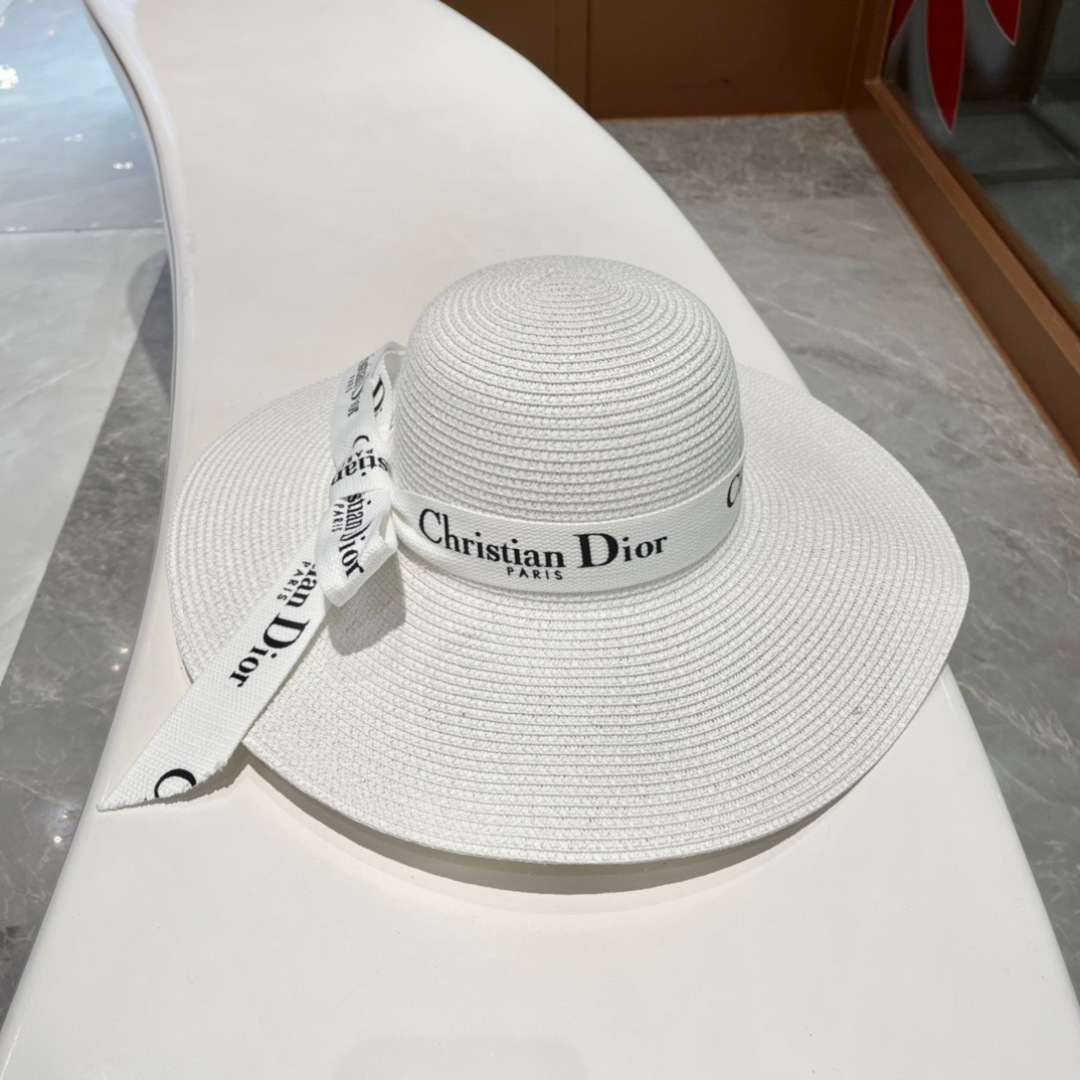   迪奥大檐草帽 Dior迪奥草帽，太阳帽，沙滩遮阳帽帽，名媛风，搭配飘带，头围57cm