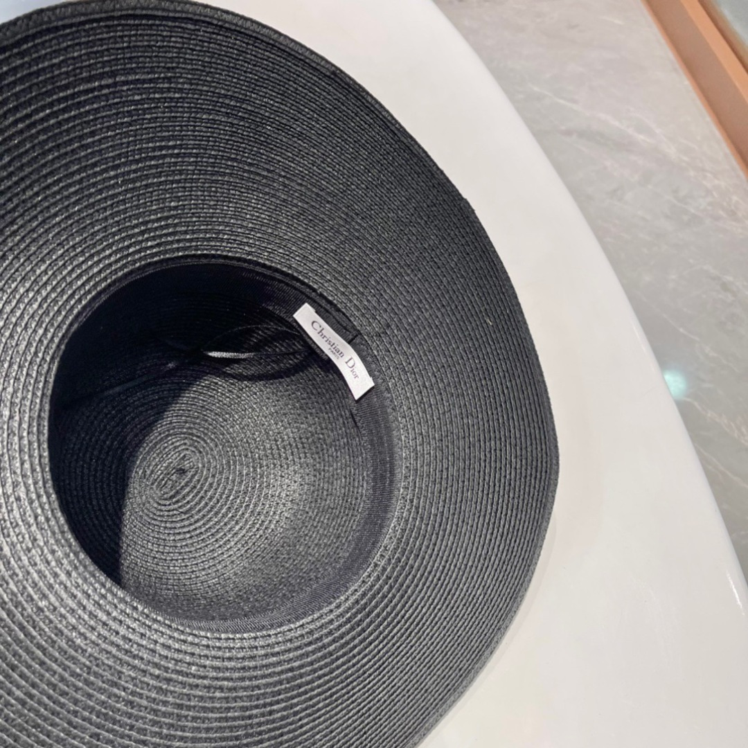   迪奥大檐草帽 Dior迪奥草帽，太阳帽，沙滩遮阳帽帽，名媛风，搭配飘带，头围57cm