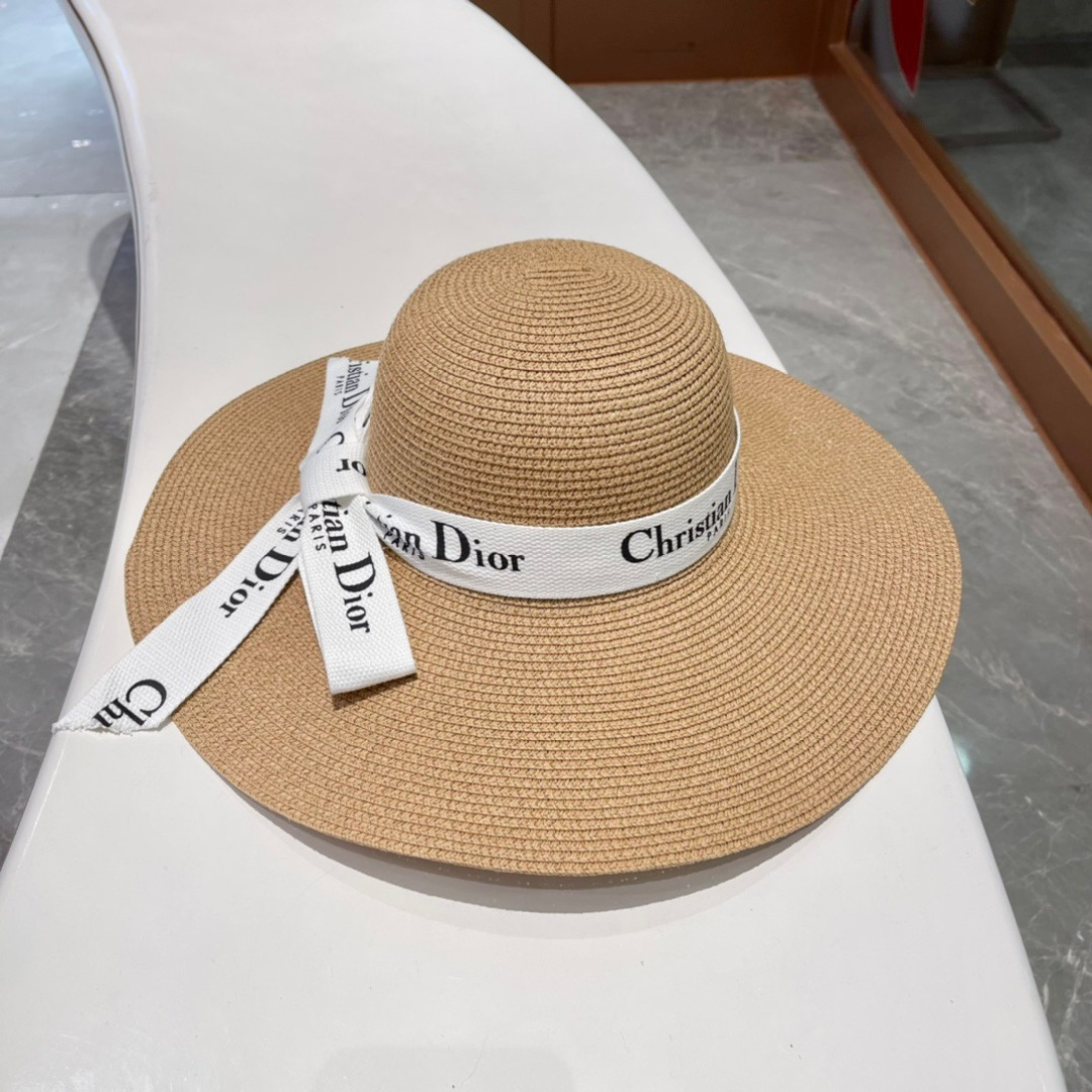   迪奥大檐草帽 Dior迪奥草帽，太阳帽，沙滩遮阳帽帽，名媛风，搭配飘带，头围57cm