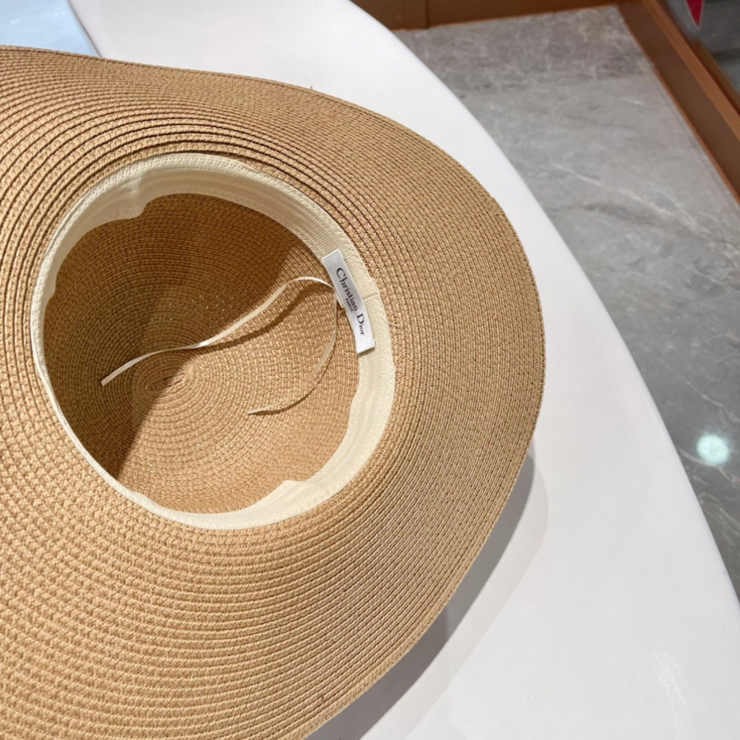   迪奥大檐草帽 Dior迪奥草帽，太阳帽，沙滩遮阳帽帽，名媛风，搭配飘带，头围57cm
