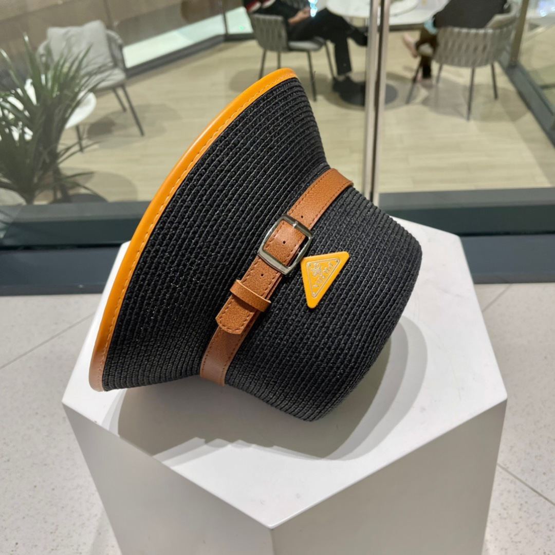  【PRADA普拉达】新款草编拼色皮带款编织草帽，度假休闲必备，优雅大方的一款