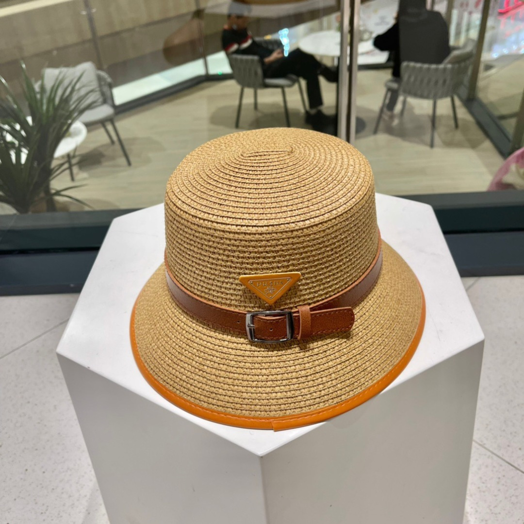  【PRADA普拉达】新款草编拼色皮带款编织草帽，度假休闲必备，优雅大方的一款