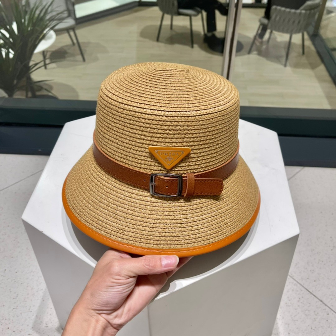  【PRADA普拉达】新款草编拼色皮带款编织草帽，度假休闲必备，优雅大方的一款