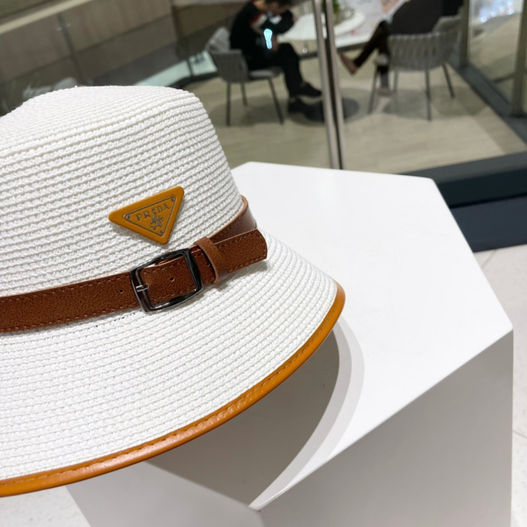 【PRADA普拉达】新款草编拼色皮带款编织草帽，度假休闲必备，优雅大方的一款