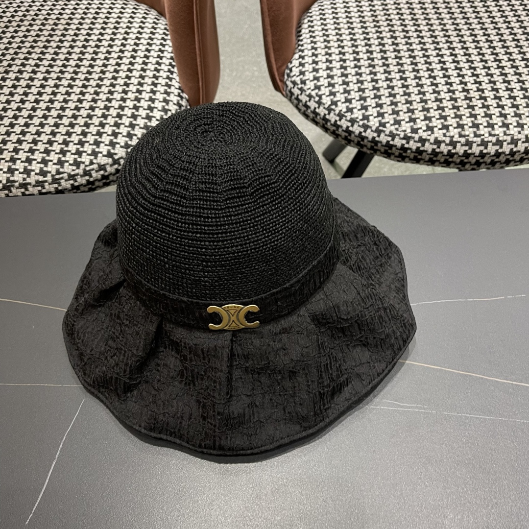  CELINE赛琳 夏季新款针织帽子黑胶防紫外线蝴蝶结女士盆帽
户外防晒桃帽渔夫帽