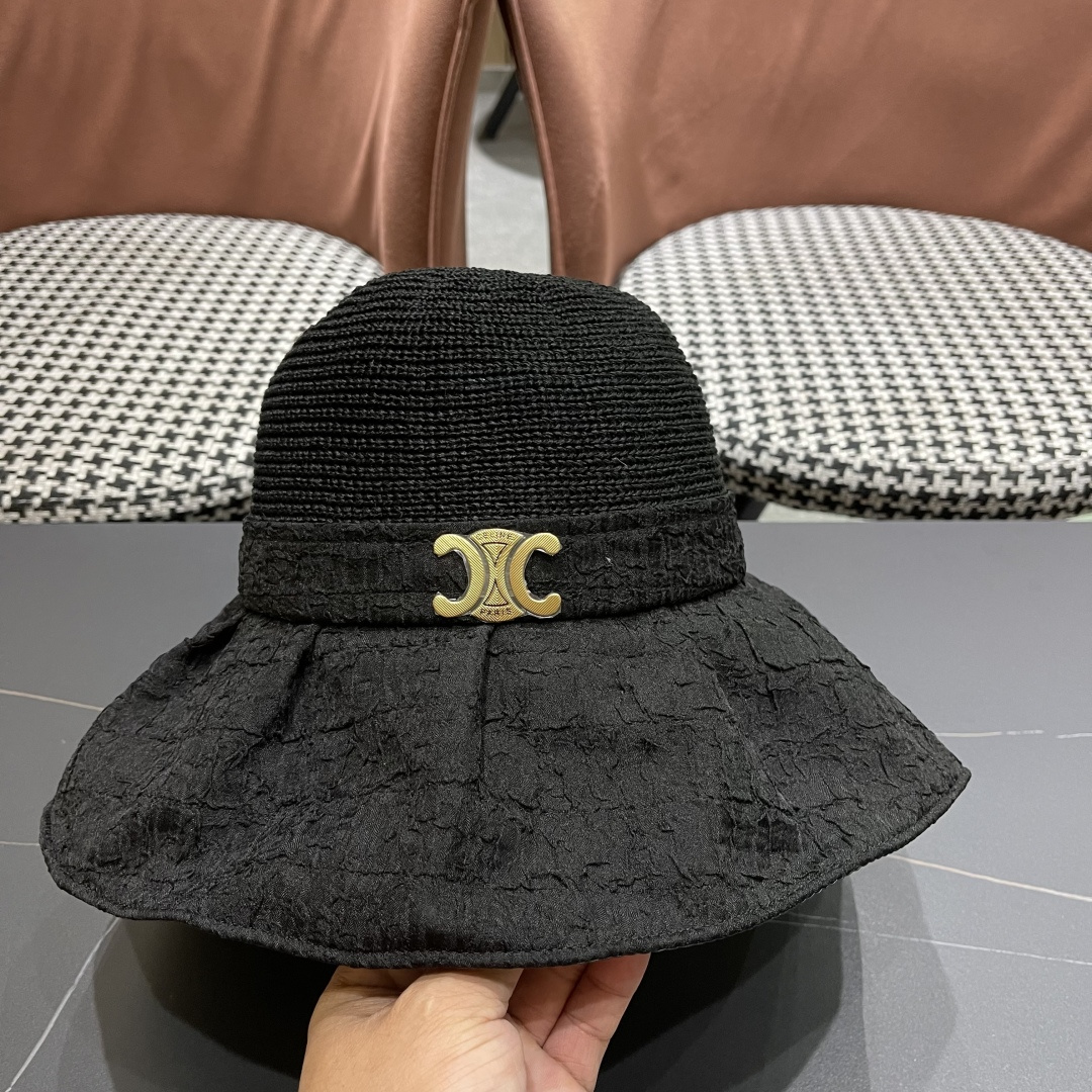  CELINE赛琳 夏季新款针织帽子黑胶防紫外线蝴蝶结女士盆帽
户外防晒桃帽渔夫帽
