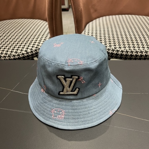 Louis Vuitton Blue Denim Bucket Hat with Pink Hello Kitty Print 1 Louis Vuitton Blue Denim Bucket Hat with Pink Hello Kitty Print