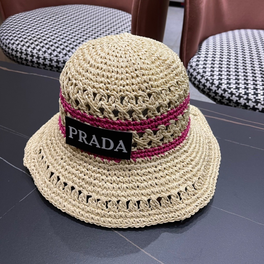 💛【PRADA普拉达】春夏新款大牌镂空拼色编织渔夫帽，超好搭配，