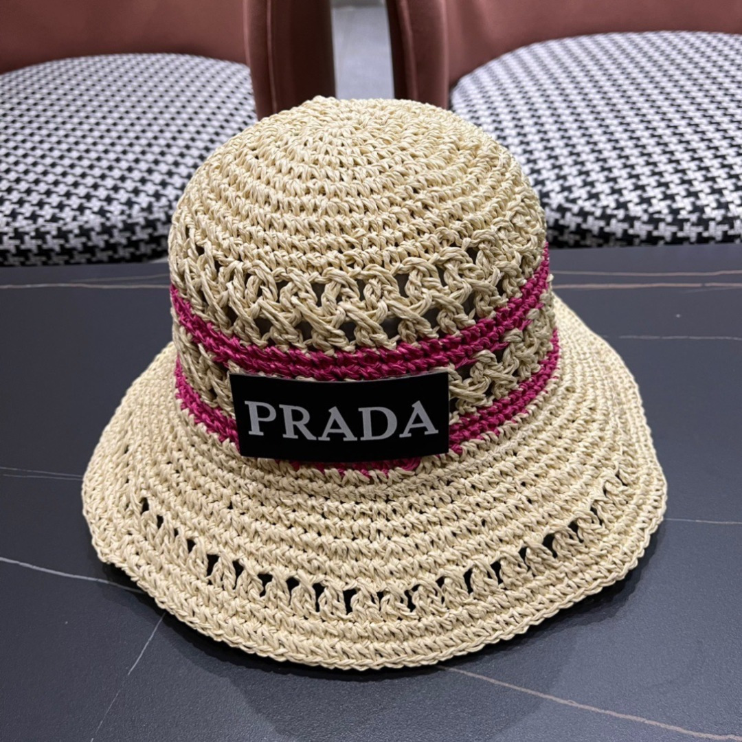 💛【PRADA普拉达】春夏新款大牌镂空拼色编织渔夫帽，超好搭配，