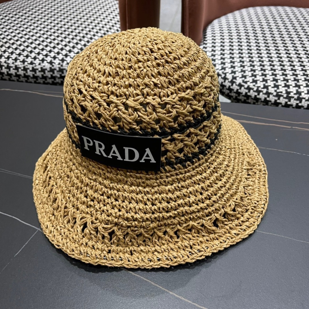💛【PRADA普拉达】春夏新款大牌镂空拼色编织渔夫帽，超好搭配，