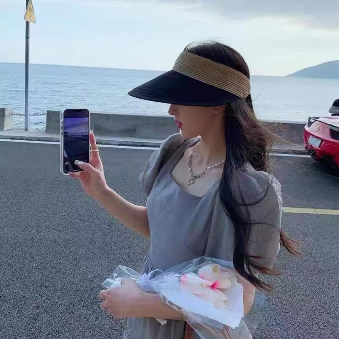  古奇Gucci日系简约防晒空顶草帽女夏可折叠户外骑车休闲遮
阳帽透气太阳帽潮