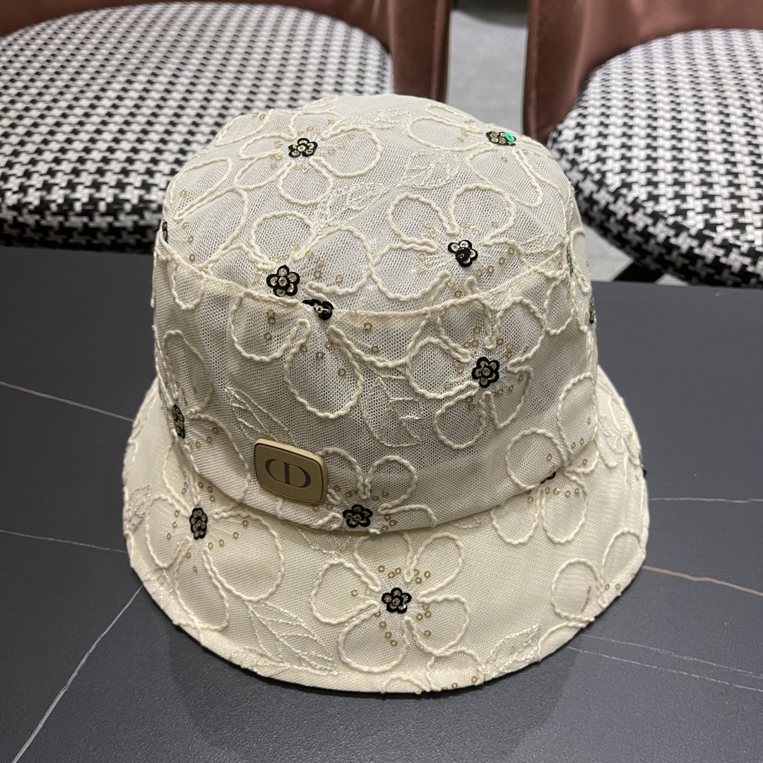  香奈儿2025新款韩版刺绣提花甜美渔夫帽春夏轻奢亮片花朵盆帽透气遞阳帽