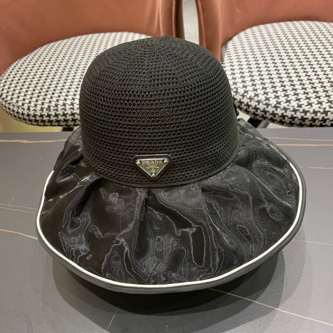  普拉达Prada2025流行新款韩版甜美可爱系带蝴蝶结渔夫帽子女遮阳防晒盆帽