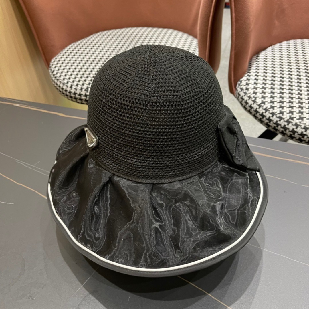  普拉达Prada2025流行新款韩版甜美可爱系带蝴蝶结渔夫帽子女遮阳防晒盆帽