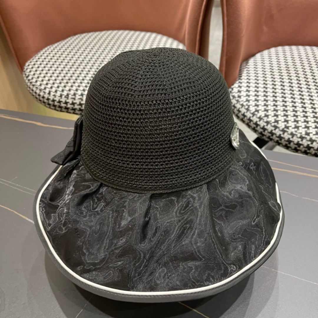  普拉达Prada2025流行新款韩版甜美可爱系带蝴蝶结渔夫帽子女遮阳防晒盆帽