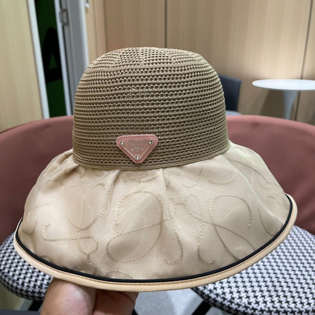  普拉达Prada2025流行新款韩版甜美可爱系带蝴蝶结渔夫帽子女遮阳防晒盆帽