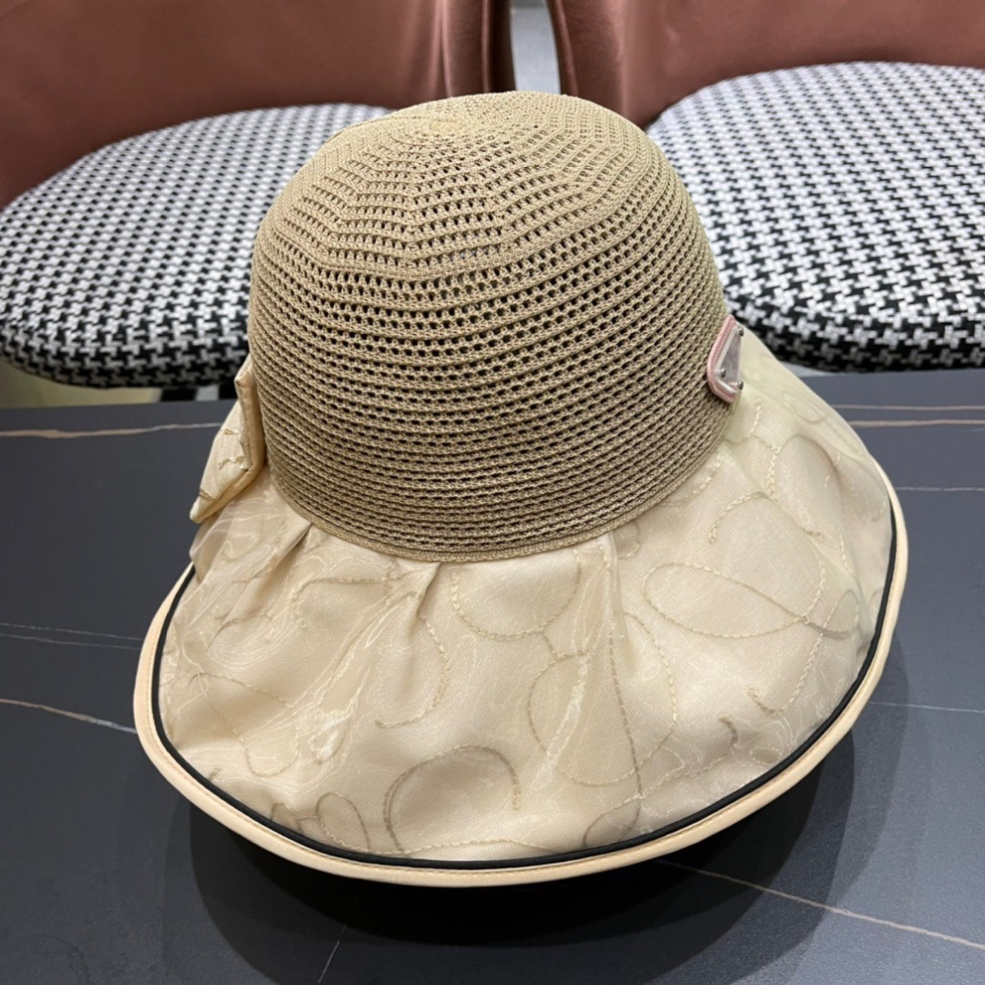  普拉达Prada2025流行新款韩版甜美可爱系带蝴蝶结渔夫帽子女遮阳防晒盆帽