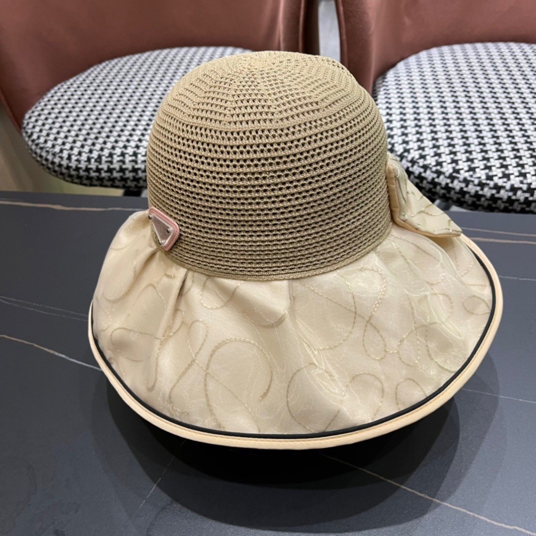  普拉达Prada2025流行新款韩版甜美可爱系带蝴蝶结渔夫帽子女遮阳防晒盆帽