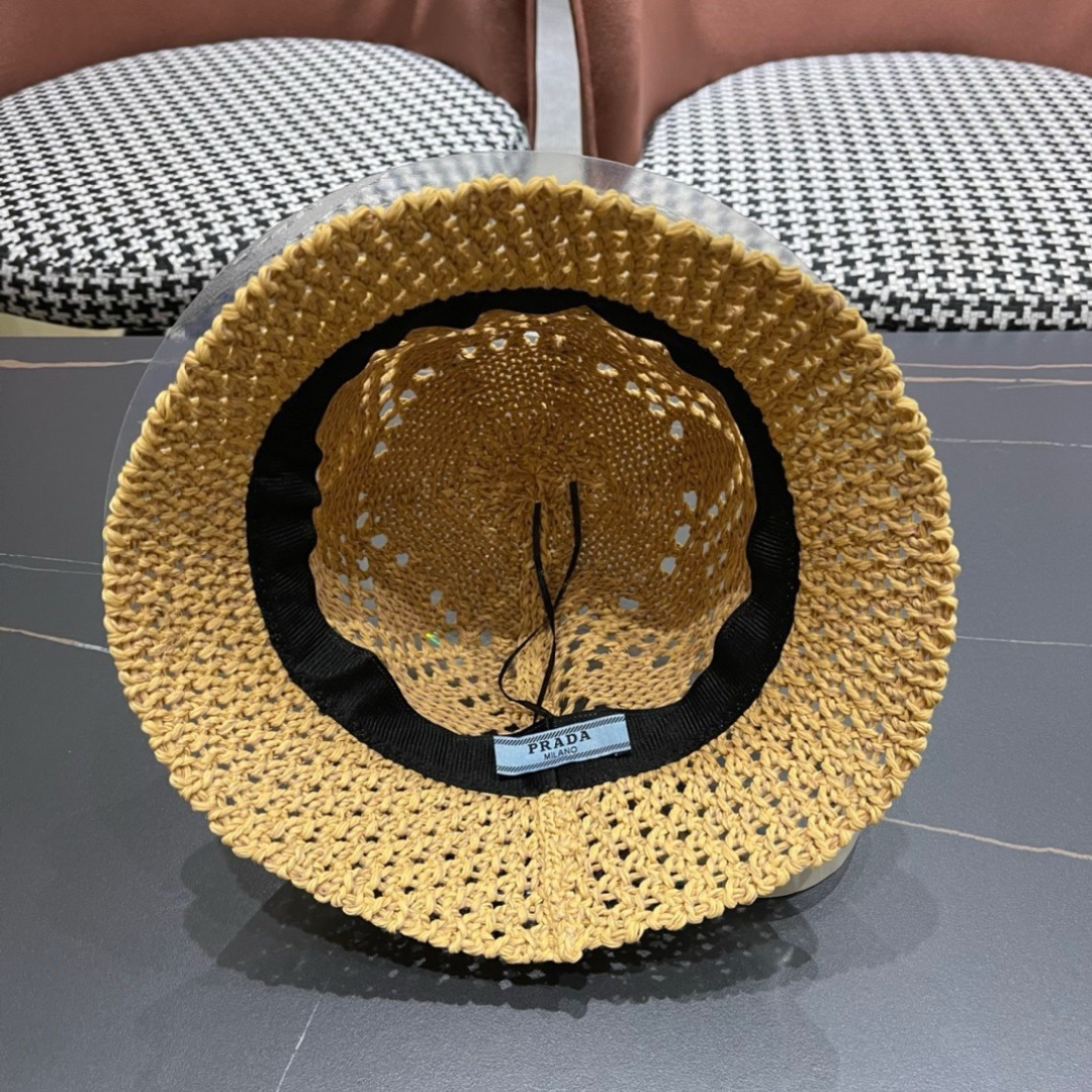  普拉达2025春夏新款钩花手工盆帽日系水桶透气帽简约甜美风，帽型很好，大脸型哦！出街必备