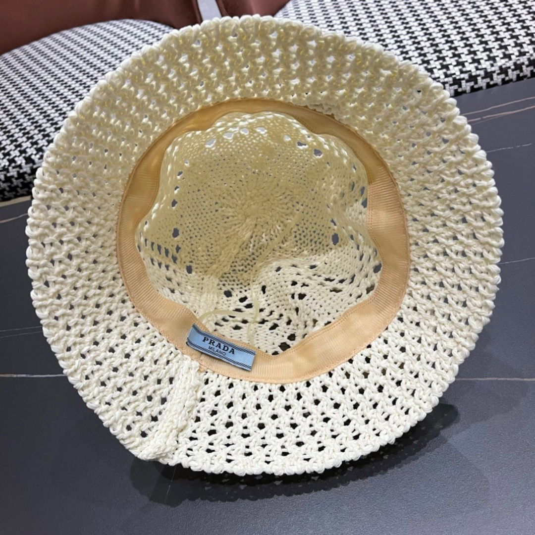  普拉达2025春夏新款钩花手工盆帽日系水桶透气帽简约甜美风，帽型很好，大脸型哦！出街必备
