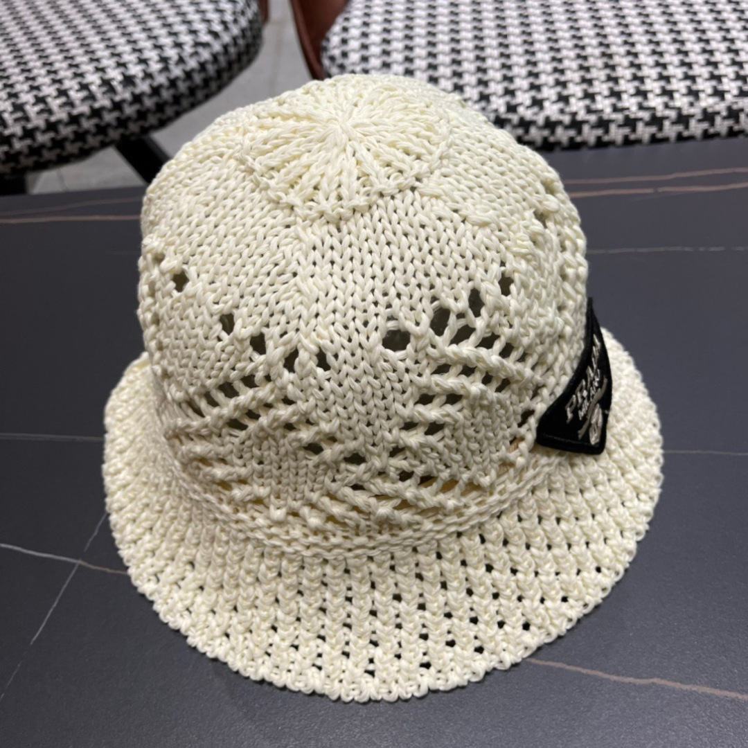  普拉达2025春夏新款钩花手工盆帽日系水桶透气帽简约甜美风，帽型很好，大脸型哦！出街必备