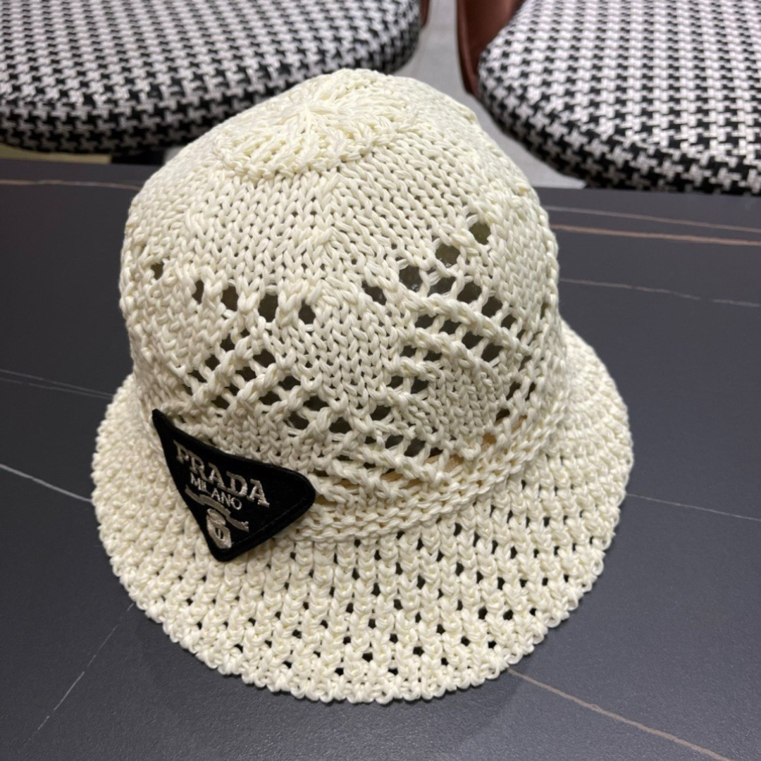  普拉达2025春夏新款钩花手工盆帽日系水桶透气帽简约甜美风，帽型很好，大脸型哦！出街必备