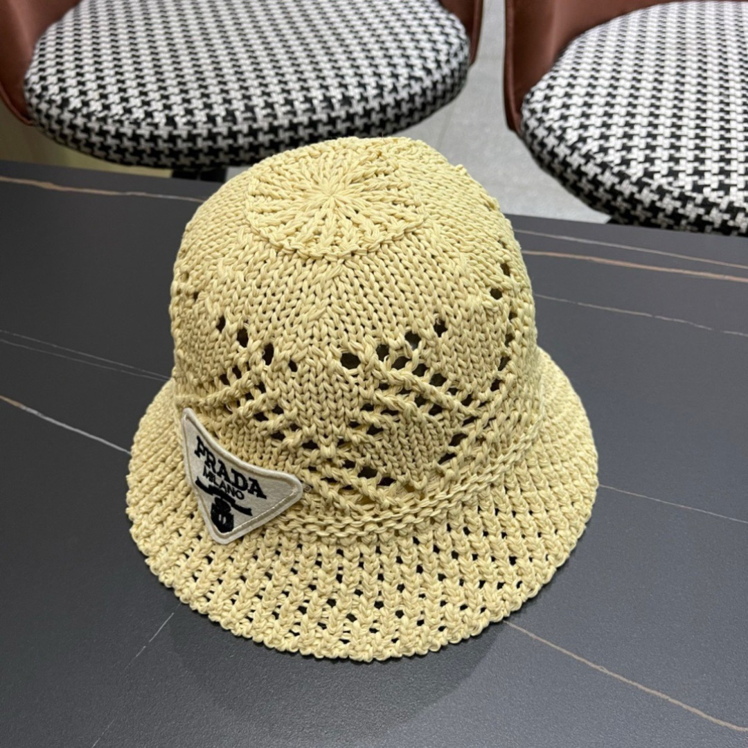 普拉达2025春夏新款钩花手工盆帽日系水桶透气帽简约甜美风，帽型很好，大脸型哦！出街必备