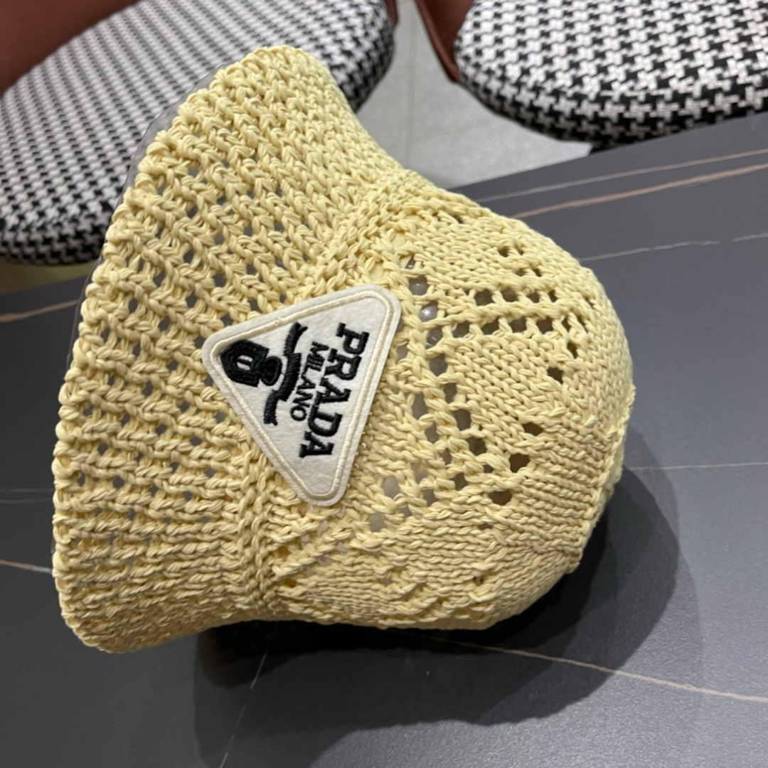  普拉达2025春夏新款钩花手工盆帽日系水桶透气帽简约甜美风，帽型很好，大脸型哦！出街必备