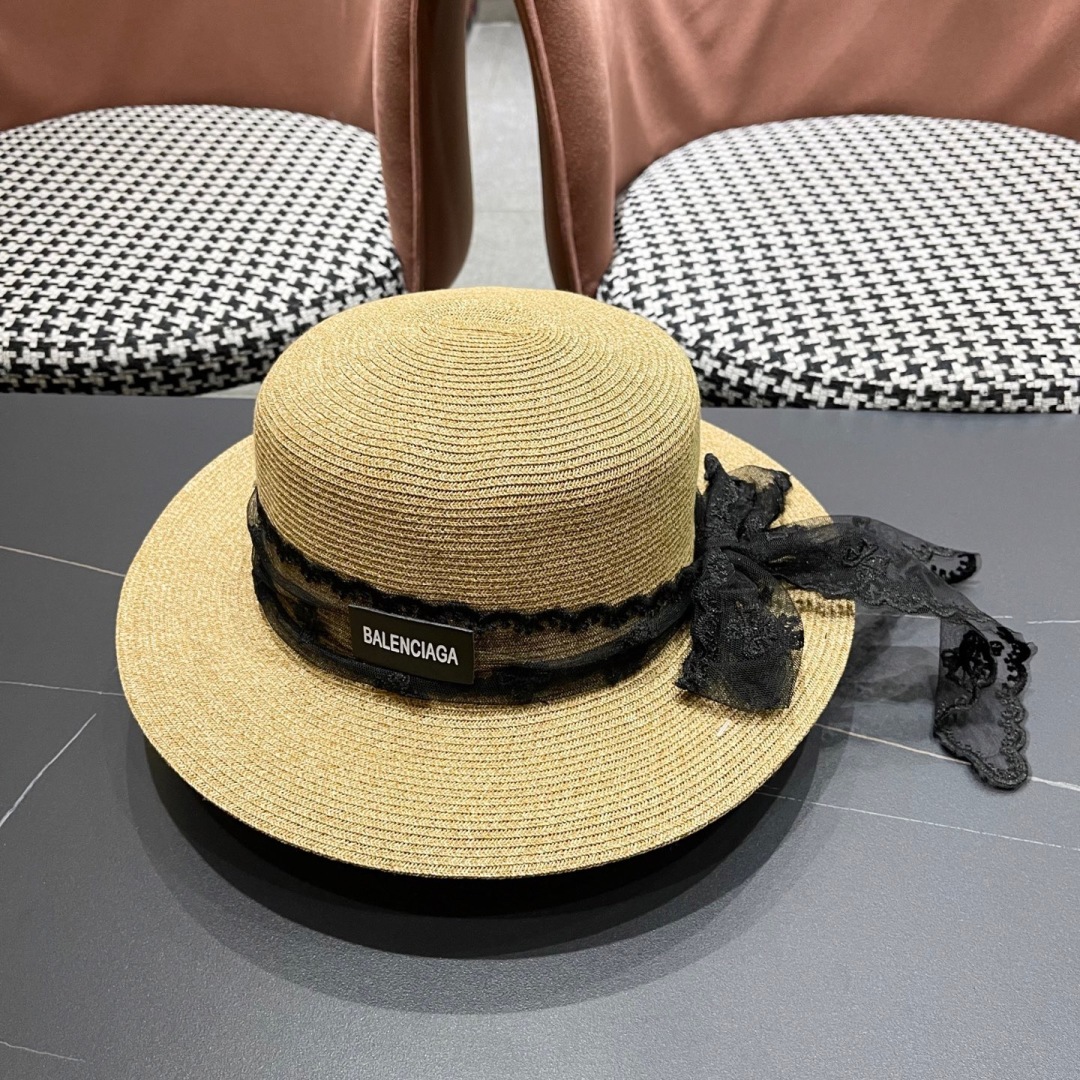 [Balenciaga Hats]Balenciaga lace bow flat-topped straw hat for women in spring