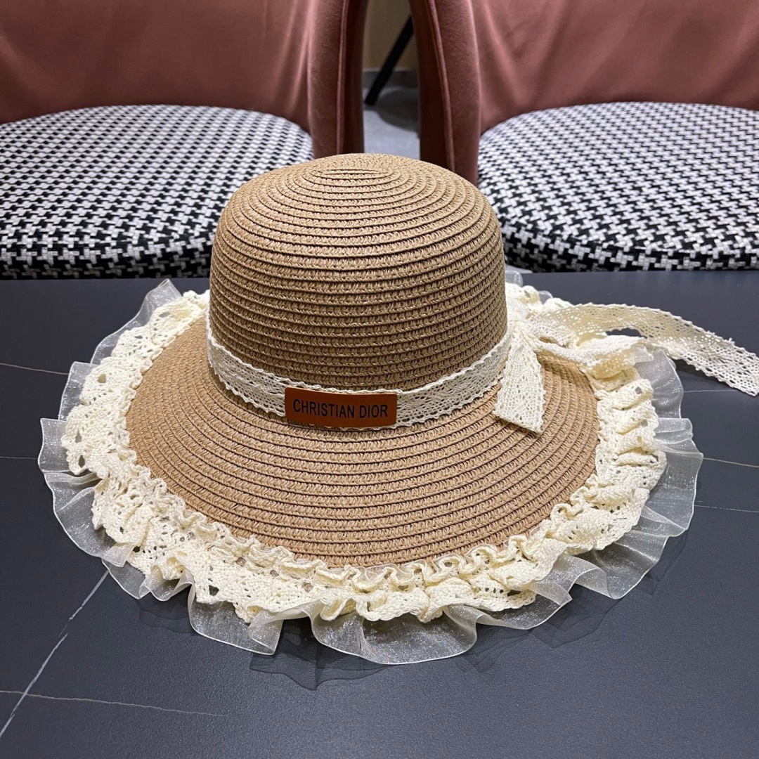  迪奥Dior草帽女蕾丝蝴蝶结遮阳帽户外出游度假太阳帽沙滩
防晒帽百搭渔夫帽