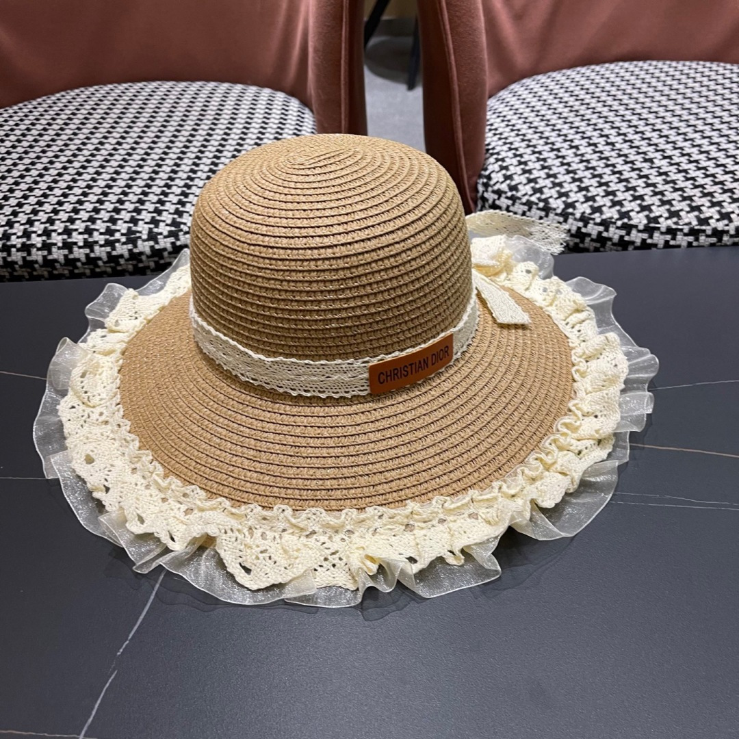  迪奥Dior草帽女蕾丝蝴蝶结遮阳帽户外出游度假太阳帽沙滩
防晒帽百搭渔夫帽