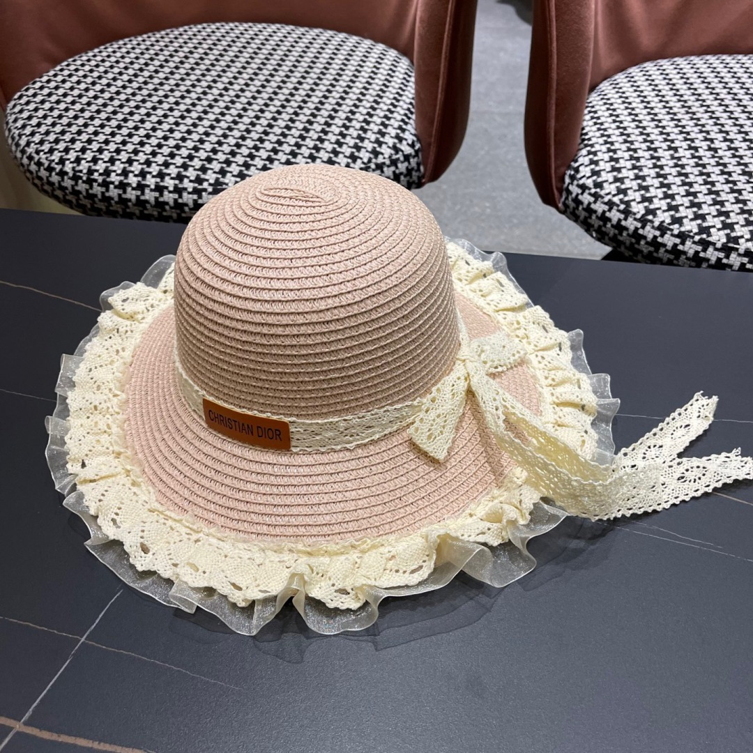  迪奥Dior草帽女蕾丝蝴蝶结遮阳帽户外出游度假太阳帽沙滩
防晒帽百搭渔夫帽