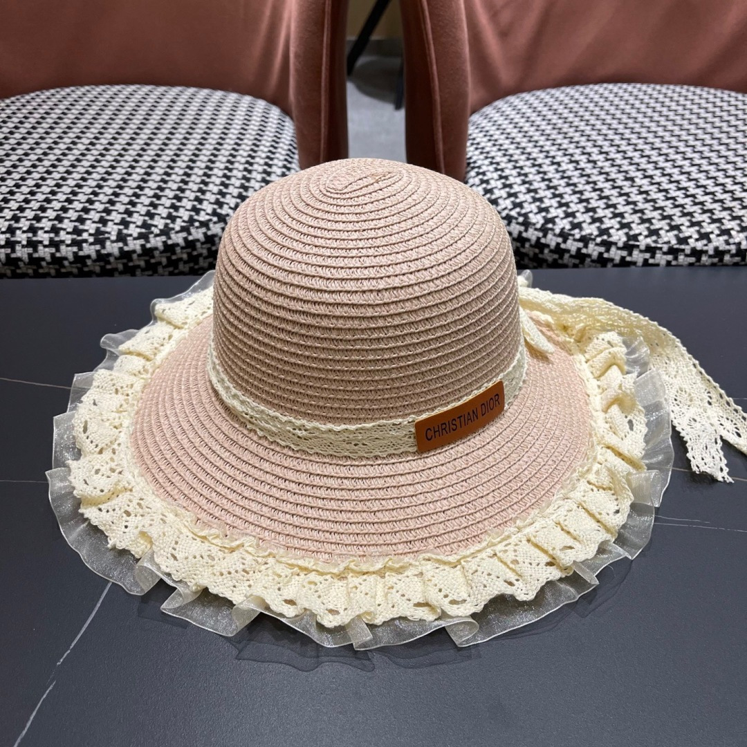 迪奥Dior草帽女蕾丝蝴蝶结遮阳帽户外出游度假太阳帽沙滩
防晒帽百搭渔夫帽