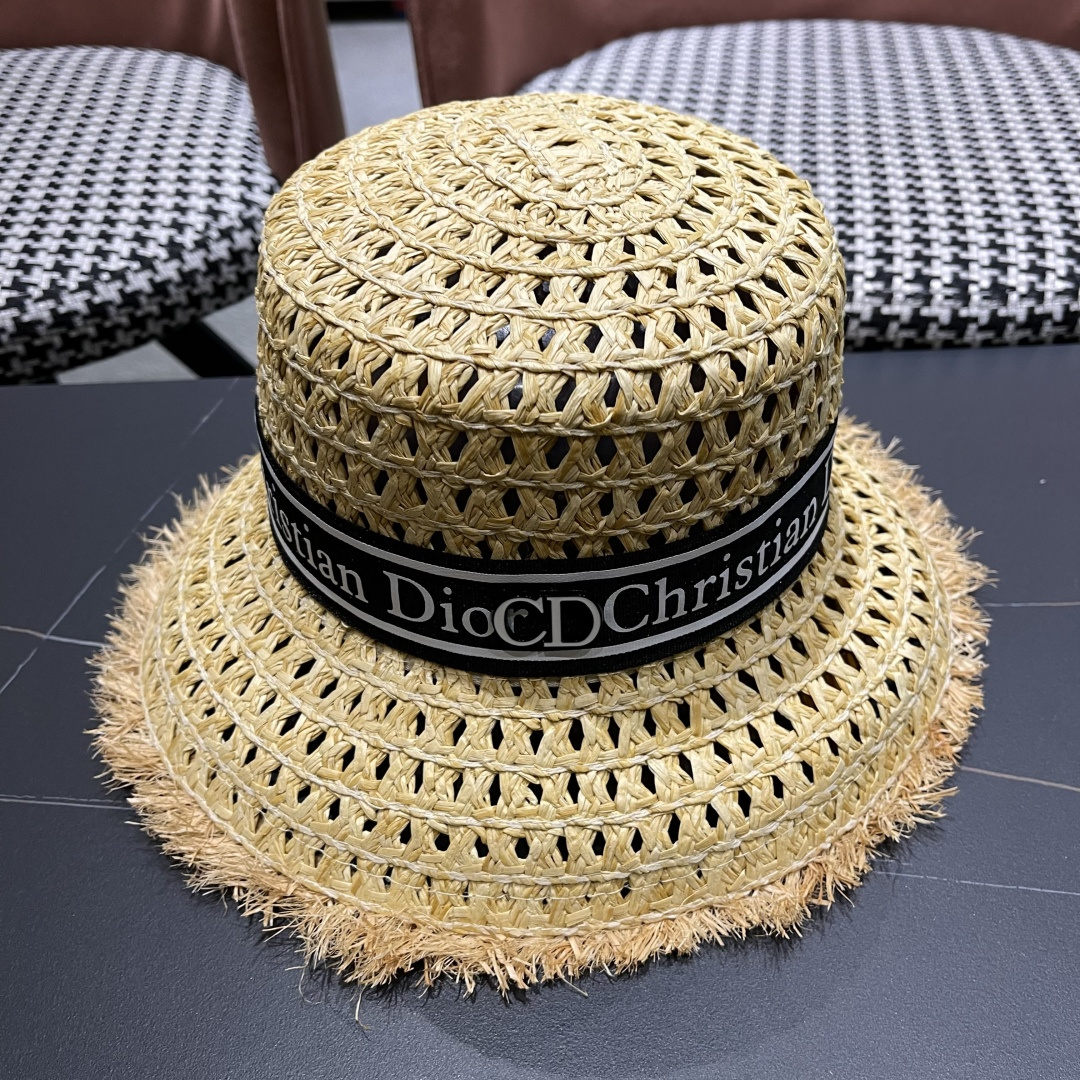  Dior迪奥网红同款田园风拉菲草帽女复古镂空毛边大檐透气
网眼防晒沙滩帽潮