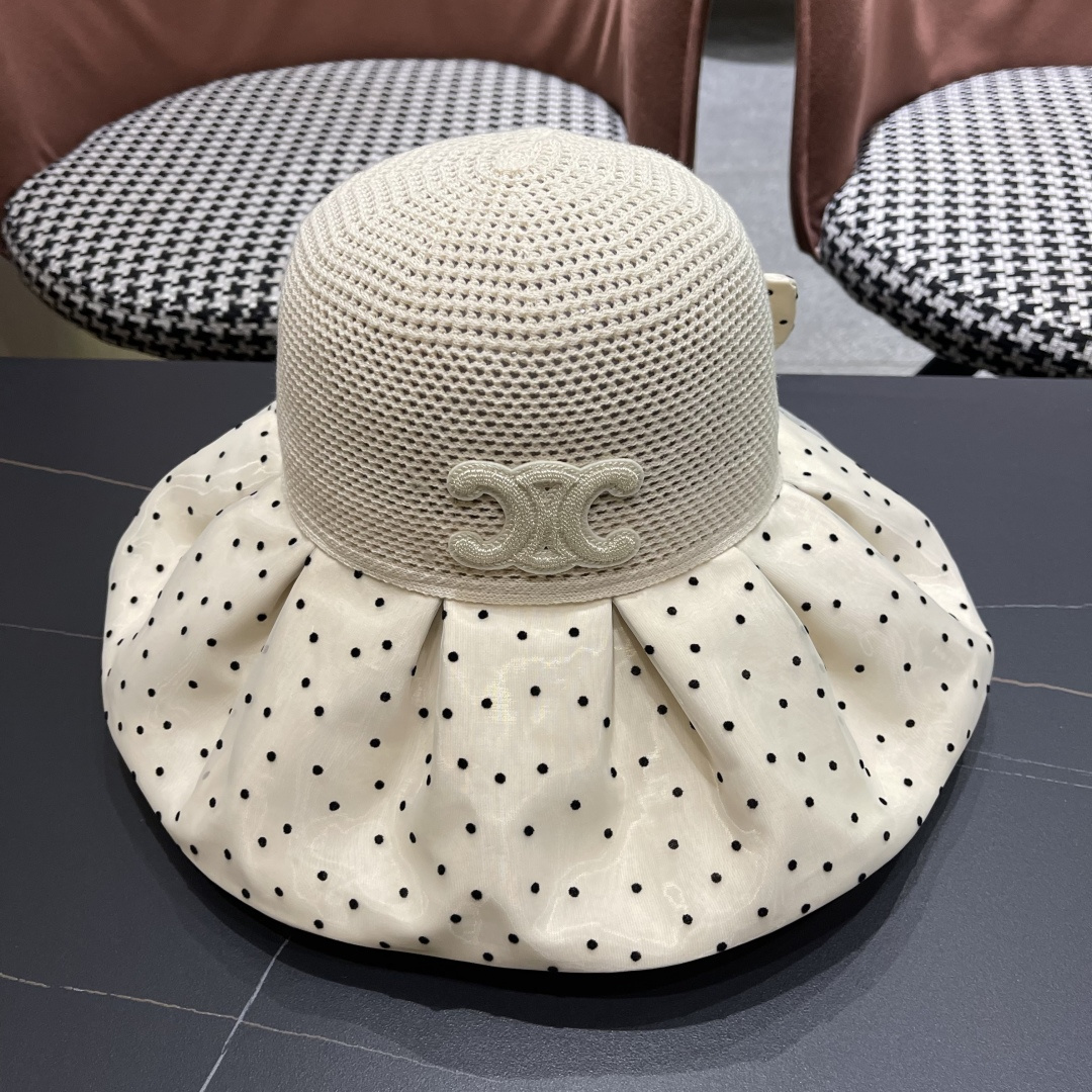  赛琳CELINE 春夏新款时尚波点大沿遮阳女渔夫帽度假遮脸防晒帽户外休闲太阳帽