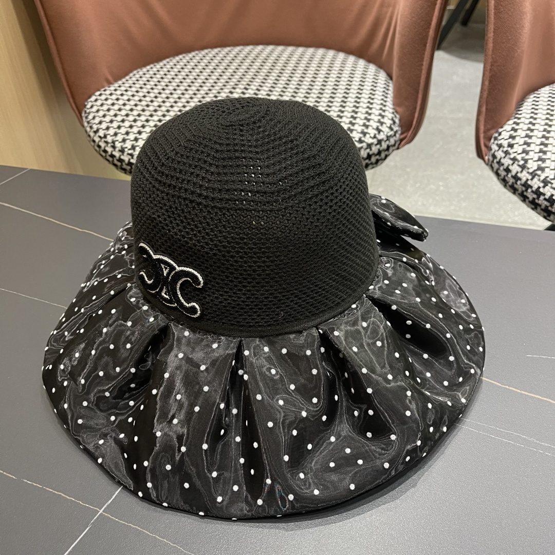  赛琳CELINE 春夏新款时尚波点大沿遮阳女渔夫帽度假遮脸防晒帽户外休闲太阳帽